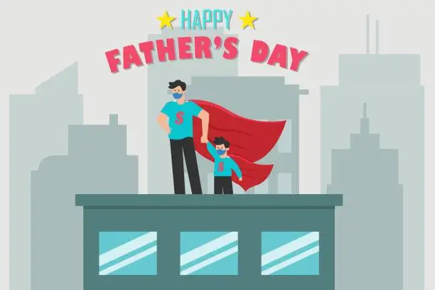 Vector illustration of Father and his son in superhero suit on rooftop