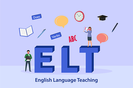 English teaching vector concept: Female teacher standing on the english language teaching word while speaking with megaphone