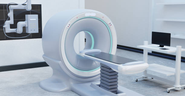 medizinischer maschinenscanner für den patienten mit ct-scan im krankenhaus. 3d-render. - bed hospital prognosis patient stock-fotos und bilder