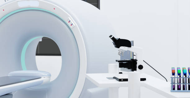 laboratorio de escáner de máquina médica para el paciente con tomografía computarizada en el hospital. renderizado 3d. - bed hospital prognosis patient fotografías e imágenes de stock