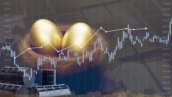 Gold and oil stock market invest concept. Graph bar and arrow chart with oil and eggs gold in nest background. 3d render.
