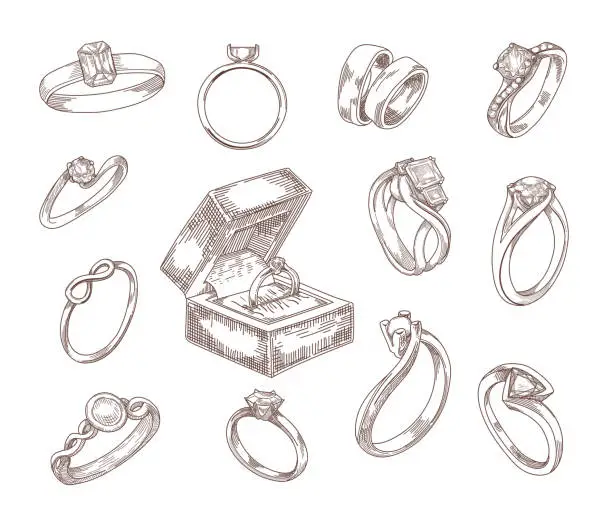 Vector illustration of Wedding and engagement rings hand drawn illustrations set