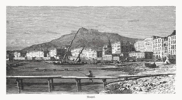 ilustrações de stock, clip art, desenhos animados e ícones de historical view of naples, italy, wood engraving, published in 1868 - napoli