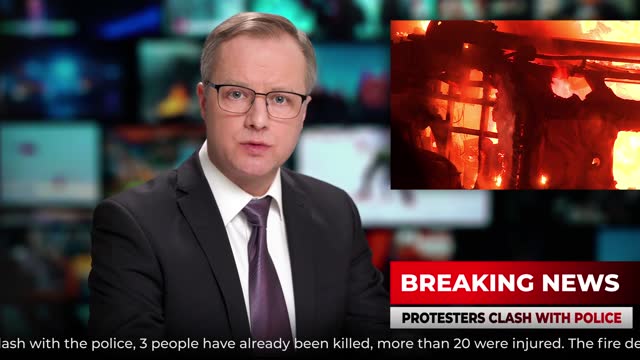 TV studio news male presenter talking breaking news about street mass protests