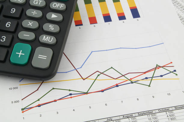 istock Calculator on financial reports with graphs close up. 1313482120