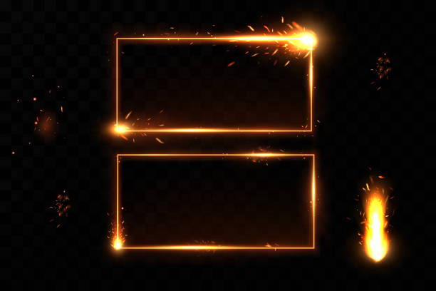 istock Gold frame with fiery sparks. Gold frame with light effects. Shining banner 1313482876