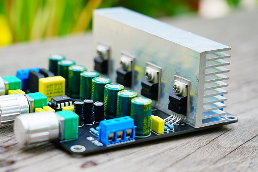 Close-up Electronic circuit board with Audio amplifier