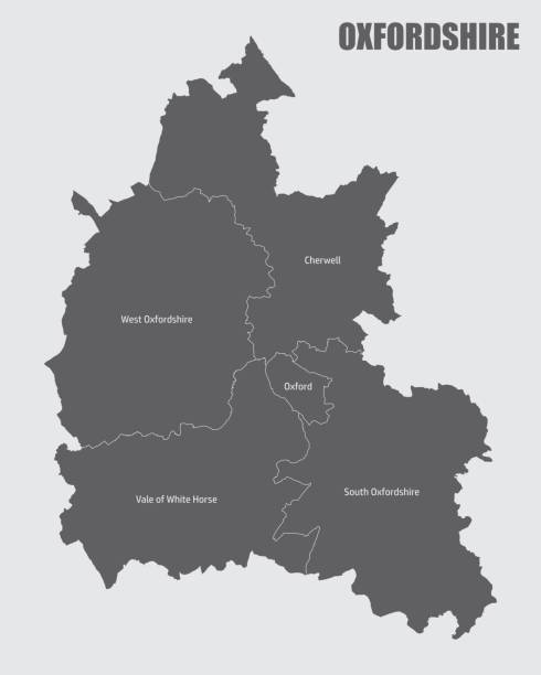 Oxfordshire county administrative map The Oxfordshire county isolated map divided in districts with labels, England oxfordshire stock illustrations