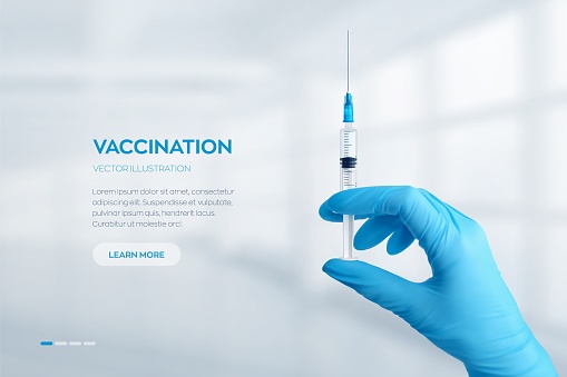 Hand in medical blue glove holding syringe with vaccine. Vaccination or medicare concept. Injection syringe with sharp needle in hand. COVID-19 coronavirus vaccine. Vector realistic illustration