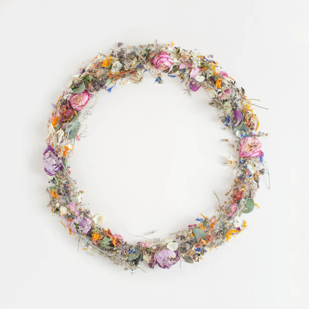 istock Creative round frame made with summer dried wild natural flowers and leaves over white background. 1313486401