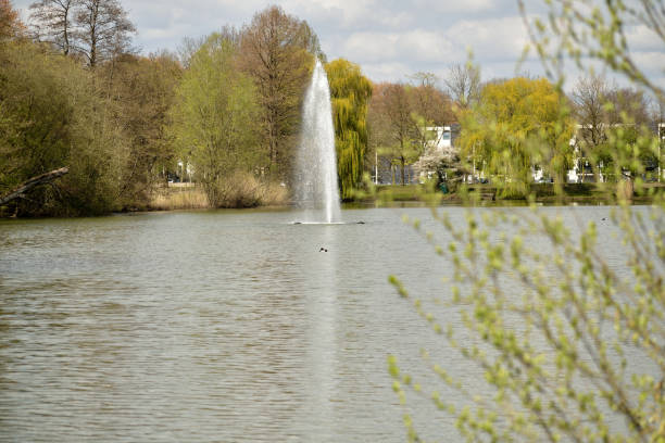 Beautiful water jet fountain shooting skywards from the centre of a lake