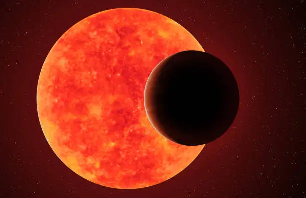 Exoplanet against red dwarf, elements of this image furnished by NASA