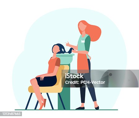 istock Cartoon hairdresser washing client hair flat vector illustration 1313487665