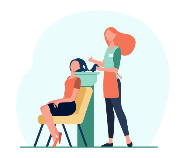 Cartoon hairdresser washing client hair flat vector illustration Cartoon hairdresser washing client hair flat vector illustration. Master doing care or washing procedure for woman sitting in chair. Hair care, beauty, business, service concept for banner design hair stylist stock illustrations