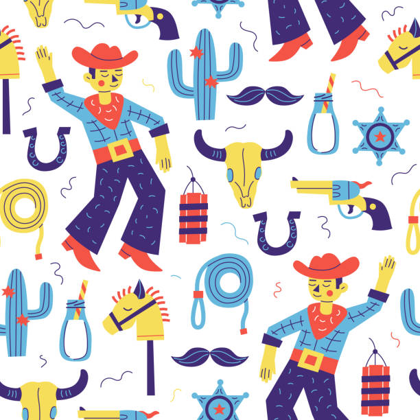 Cowboy party seamless pattern. Child vector background. Cowboy party seamless pattern. Child vector background with dancing cowboy, cactus, horse, revolver, lasso, badge, dynamite, horseshoe, bull skull. baby gun stock illustrations