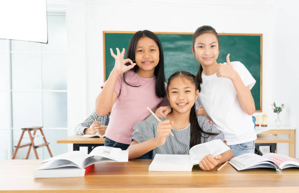 Group Asian students smile and enjoy doing activities with their classmates. Concept of education stock photo