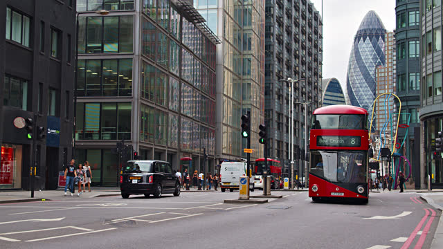 London Financial District. Red Bus