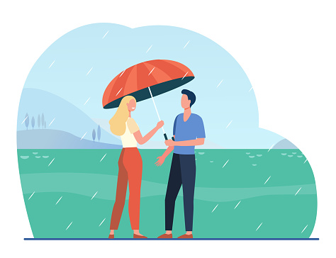 Cartoon Couple Standing Under Rain With Umbrella Stock Illustration -  Download Image Now - Concepts, Protection, Adult - iStock