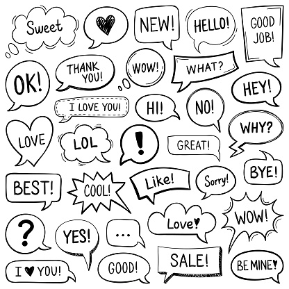 Set of different hand drawn speech bubbles. Vector design elements.