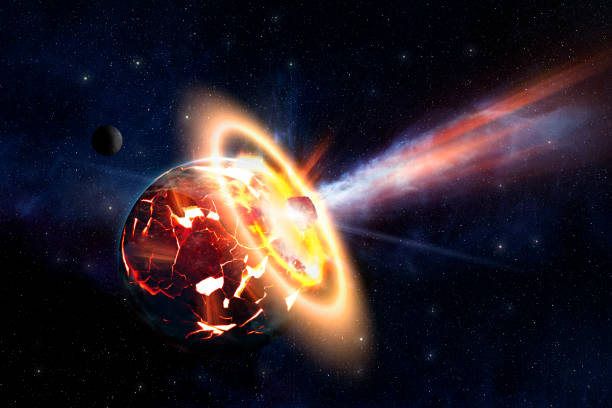 großer asteroid stürzt auf der oberfläche eines erdplaneten ab. elemente dieses bildes von der nasa eingerichtet. - meteor fireball asteroid comet stock-fotos und bilder