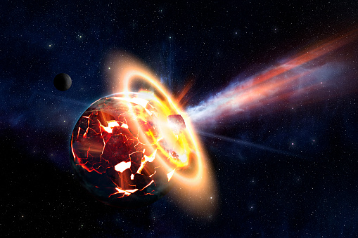 Big asteroid crashing on the surface of an Earth planet. Elements of this image furnished by NASA.