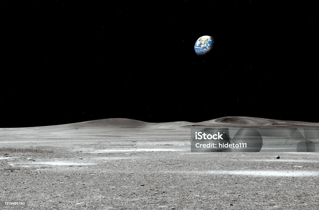 blue earth seen from the moon surface: Elements of this image are furnished by NASA Moon Surface Stock Photo