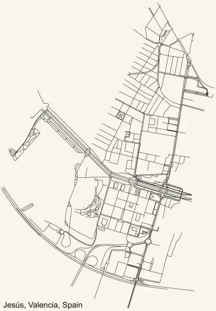 Vector illustration of Street roads map of the Jesús district of Valencia, Spain