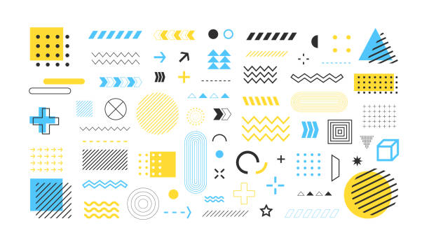 Set Of Geometric Shapes. Abstract design elements Set Of Geometric Shapes. Abstract design symbols and elements. Blue, yellow and black signs.Vector illustration circle designs stock illustrations