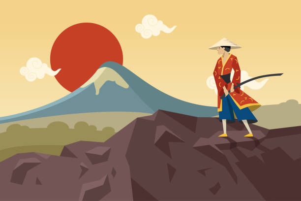 Asian warrior with sword walking in mountains and admiring Sun Asian warrior with sword walking in mountains and admiring Sun. Flat vector illustration. Chinese or Japanese male character in kimono enjoying landscape. Eastern Asia, samurai, fight, culture concept ancient chinese weapons stock illustrations