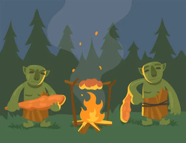 Vector illustration of Two cartoon green trolls near bonfire flat vector illustration