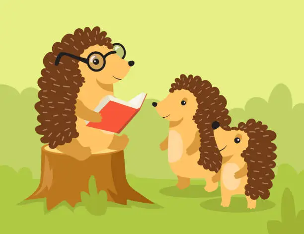 Vector illustration of Old happy hedgehog reading book to little hedgehogs