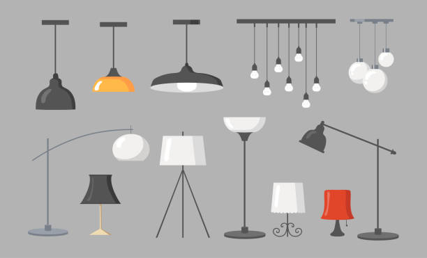 Various lamps flat pictures collection Various lamps flat pictures collection. Cartoon modern chandeliers, light pendants and ceiling lamps with bulbs isolated vector illustrations. Interior design elements and furniture concept ceiling lamp stock illustrations
