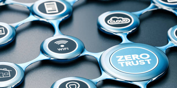 Zero Trust Security Model. Secured Network. 3D illustration of a blue network with icons and the text zero trust written on the front. Black background. Concept of secured network. zero photos stock pictures, royalty-free photos & images