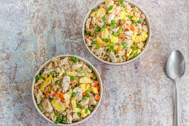 Asian Chicken Fried Rice with Scramble eggs and Vegetables, Asian Food Photography