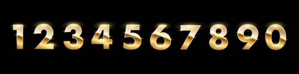 Golden numbers from zero to nine set on black background. Gold one, two, three, four, five, six, seven, eight, nine vector illustration. Colorful numerical signs design for date or anniversary Golden numbers from zero to nine set on black background. Gold one, two, three, four, five, six, seven, eight, nine vector illustration. Colorful numerical signs design for date or anniversary. gold number 1 stock illustrations