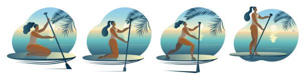 A girl in a swimsuit with a paddle stands on a surfboard. A girl in a swimsuit with a paddle stands on a surfboard. A set of Vector icons or stickers in a flat style on the theme of paddle surfing. paddleboard stock illustrations