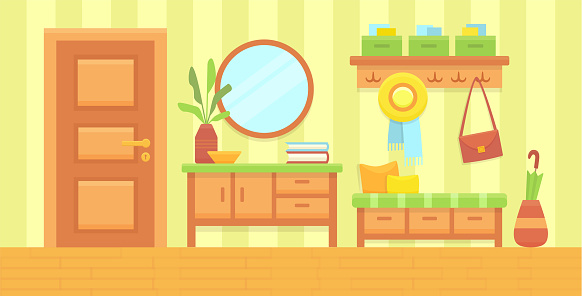 Summer sunny hall interior. Cozy home hallway with door, mirror and modern furniture. House entrance background. Flat vector illustration.