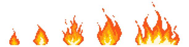 ilustraciones, imágenes clip art, dibujos animados e iconos de stock de etapas de ignición de fuego de píxeles. pequeña hoguera roja convirtiéndose en ardientes consecuencias infernas de explosión ardiendo. - fireball flame fire bomb