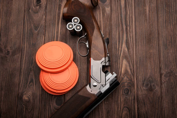 istock Clay target plates for shooting with rifle on wooden background. 1313501108