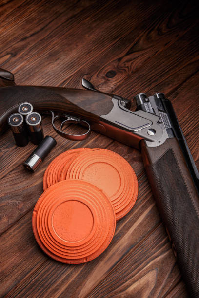 istock Clay target plates for shooting with rifle on wooden background. 1313501110