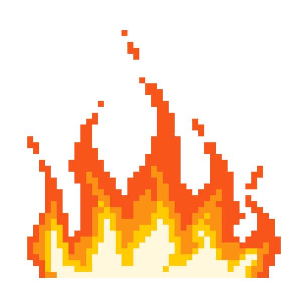 ilustraciones, imágenes clip art, dibujos animados e iconos de stock de icono de píxel de fuego de llama. napalm de onda quema todo lo que rodea el fuego con energía roja de núcleo amarillo brillante. - fireball flame fire bomb