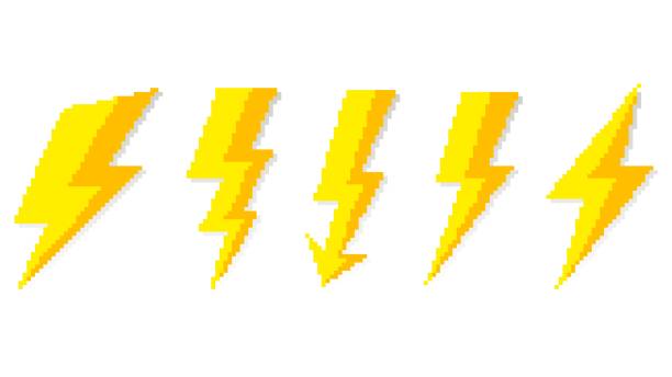 istock Lightning pixel signs. Game yellow electrical flashes with geometric curves high voltage. 1313501140