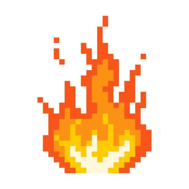 ilustraciones, imágenes clip art, dibujos animados e iconos de stock de icono de hoguera que quema píxeles. fuego en llamas con llama roja de núcleo amarillo brillante después de una potente explosión. - bang