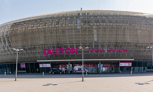 Krakow, Poland - April 20, 2021: Tauron Arena Krakow. A modern building where the largest cultural and sports events are organized in the city of Krakow.