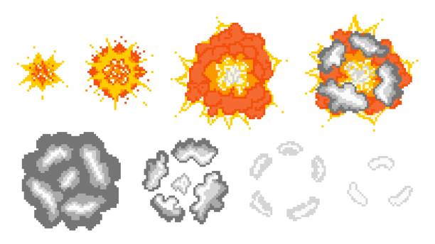 Stages destructive pixel explosion illustration. Initial flash increase in fireball and red powerful detonation with smoke dispersion. Stages destructive pixel explosion illustration. Initial flash increase in fireball and red powerful detonation with smoke dispersion and disappearance vector gray clouds. dispersion stock illustrations