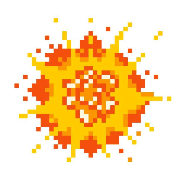 zerstörerische pixelexplosion. rote detonation platzt mit gelbem feuer. - nuclear energy flash stock-grafiken, -clipart, -cartoons und -symbole