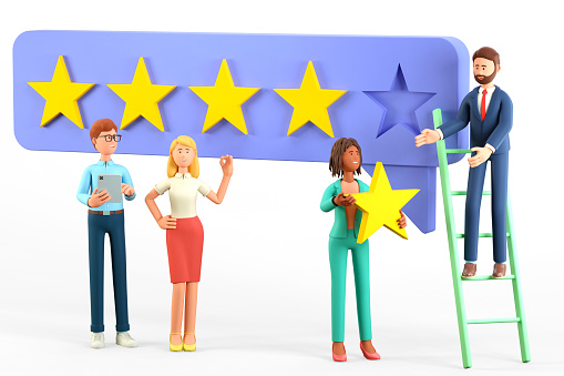 3D illustration of customer service concept with multicultural people characters giving five star feedback. Cute cartoon clients with high quality satisfaction, positive rating and review.