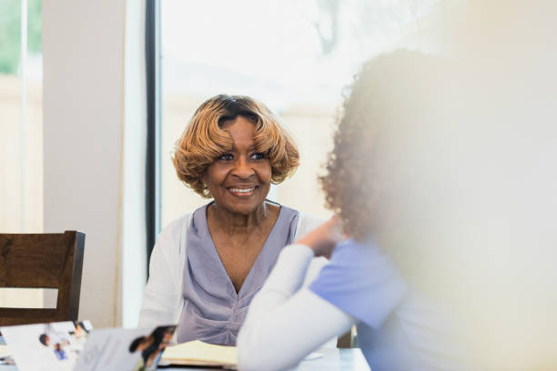 istock Sitting in dining room, nurse and senior patient chat 1313503874