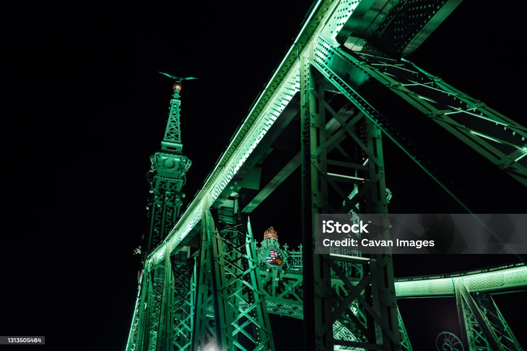 Old Iron Bridge across the Danube River in Budapest Old Iron Bridge across the Danube River in Budapest in Budapest, Hungary Architecture Stock Photo