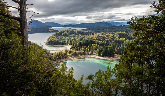 View of the narrow port of Villa La Angostura from the viewpoint of the Arrayanes park. in Villa La Angostura, Neuquen, Argentina